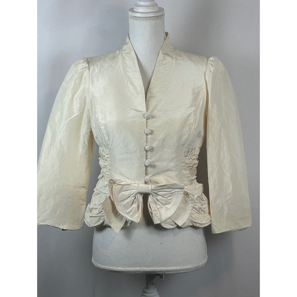 Teri Jon Jacket Women 8 Cream Excellent Silk Taffeta Bow Ruched Evening Blazer